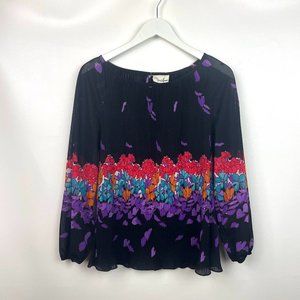 VTG 70s Black Purple & Pink Floral Blouse